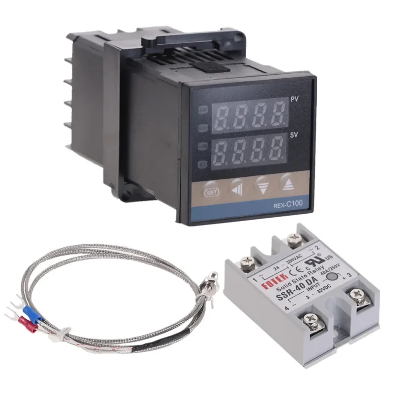 100-240VAC PID REX-C100 Temperature Controller Range 0 to 900C SSR40A K Thermocouple, PID Controller Set + Heat Sink