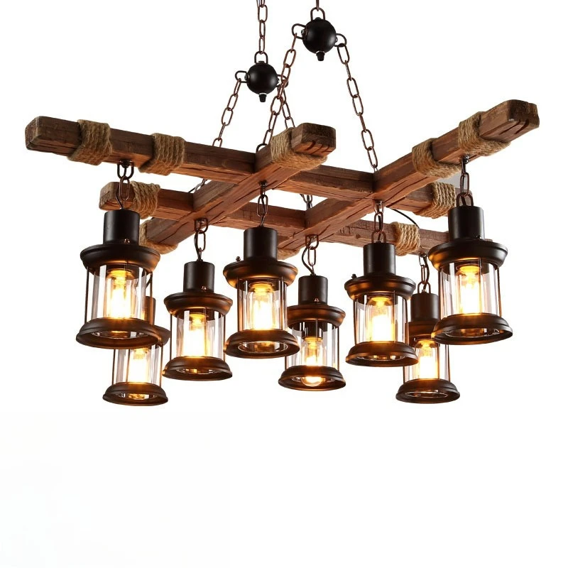 

Nostalgic wood decorative lights, retro industrial style dining room living room theme bar Internet cafe wood art chandelier