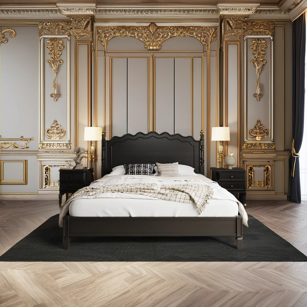 #French Retro Modern Minimalist Solid Wood American Bed Light Luxury Double Main Bed with Contemporary Style Soft Upholstery