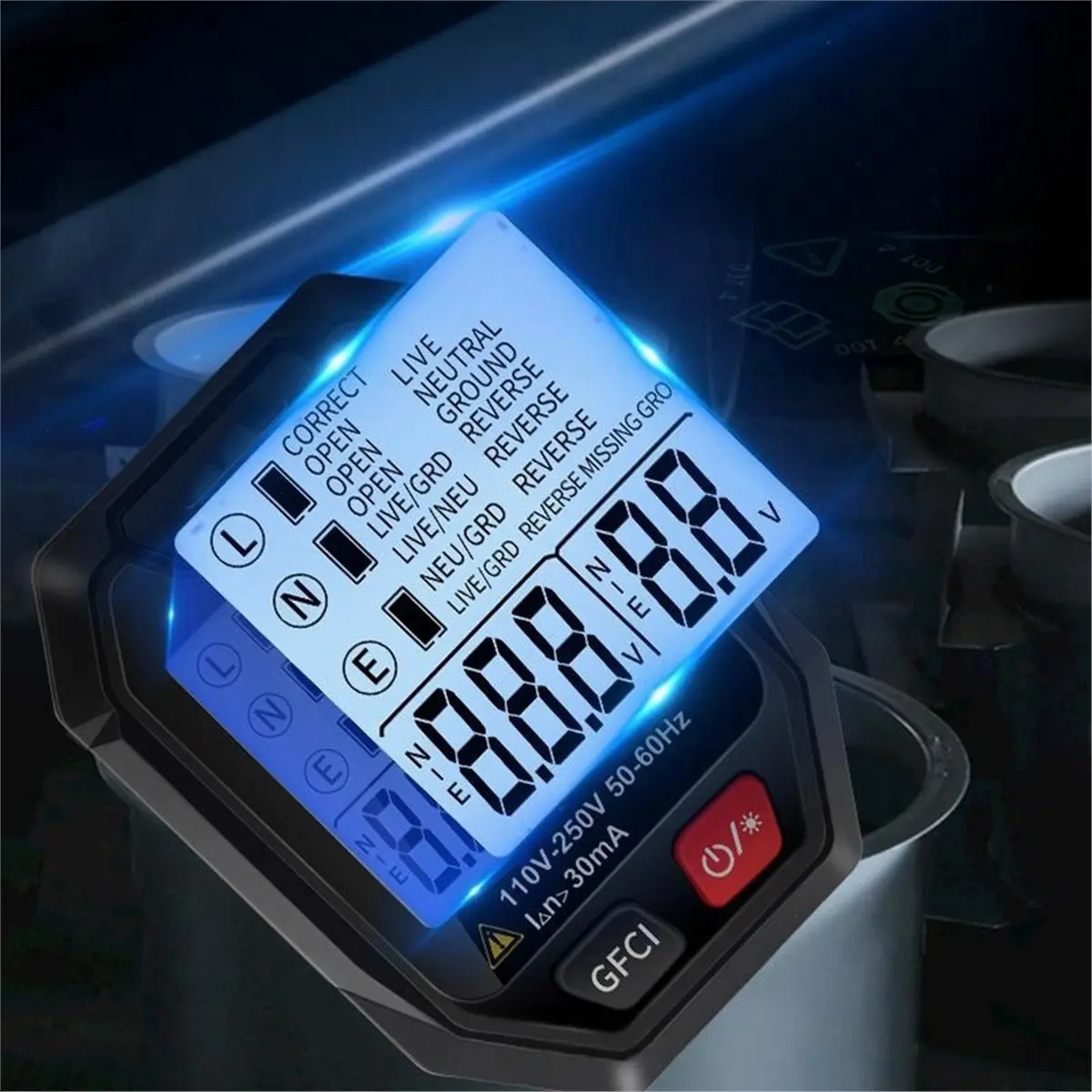 N86R Outlet Detector Battery Powered Smart Sock Detector Backlit Display US Ground Live Neutral Wire Polarity Phase Check
