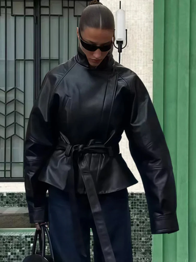 Retro Solid Lace Up Leather Short Jackets Women Chic Lapel V-neck Waist Cinching Cropped Jackets Lady Daily High Street Outwear