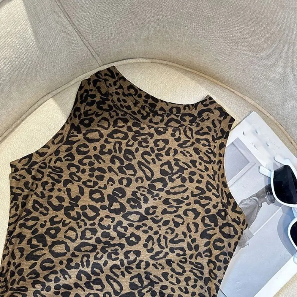Irregular Leopard Crop Top Bottoming Shirt Slim Fit Halter Cheesy Tops Vest Female Clothing Leopard T-Shirt Women Streetwear