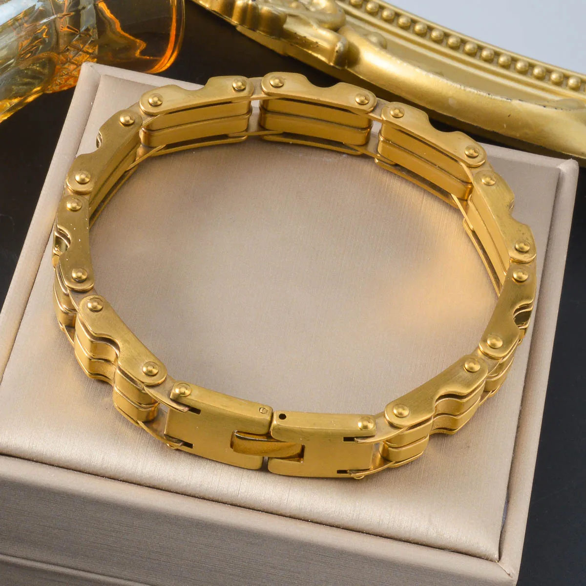 

Men Stainless Steel Biker Chain Bracelet Gold Plated Wide Link Bangle Punk Hip Hop Jewelry Motorcycle Street Fashion Gift