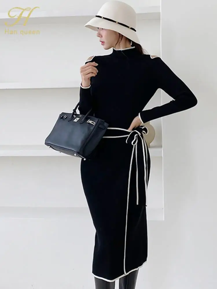 H Han Queen Autumn Elegant OL Lace up Strapless Elastic Knit Pullover Sweater Long Dress Black Sheath Pencil Knitted Dresses