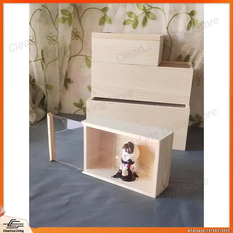 

Wooden Storage Cabinet with Transparent Acrylic Pull-Out Doors Living Room Display Cabinet Toy Organizer Flower Specimen