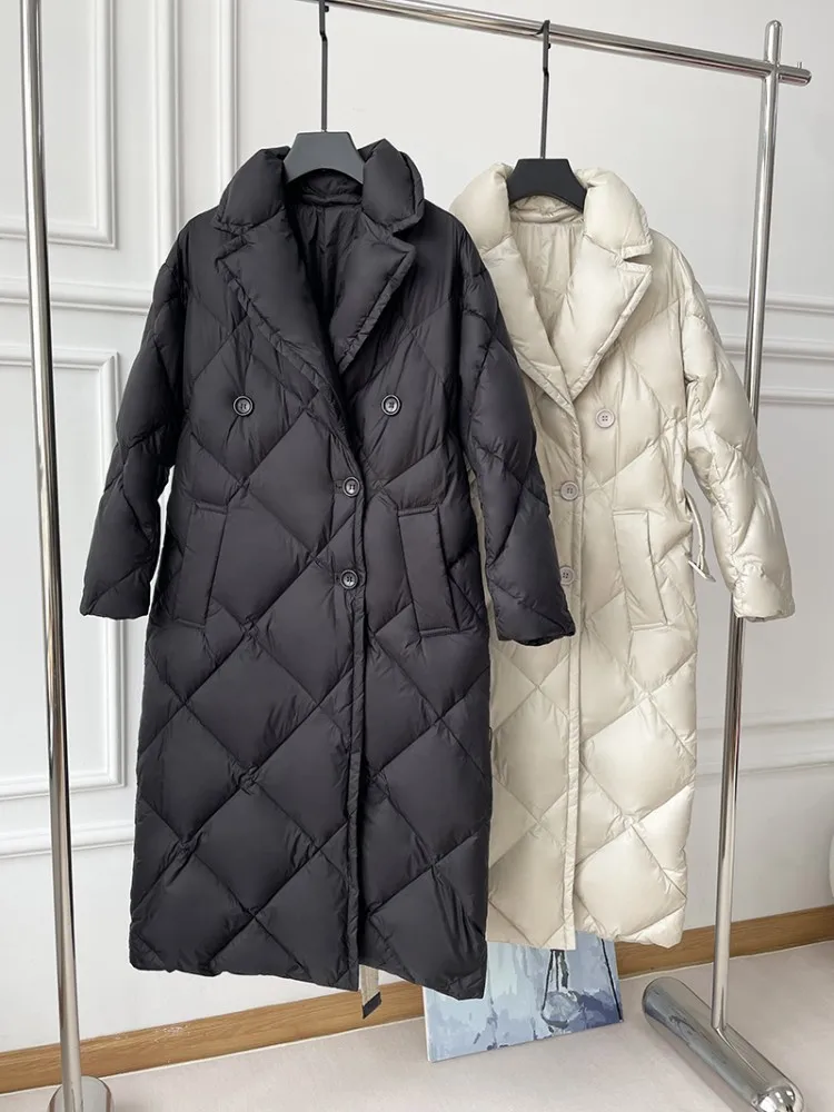 Vintage Women Long White Duck Down Jacket Belted Slim Fit Thick Warm Overcoat Female Winter Outside Windbreaker Coat Outerwear