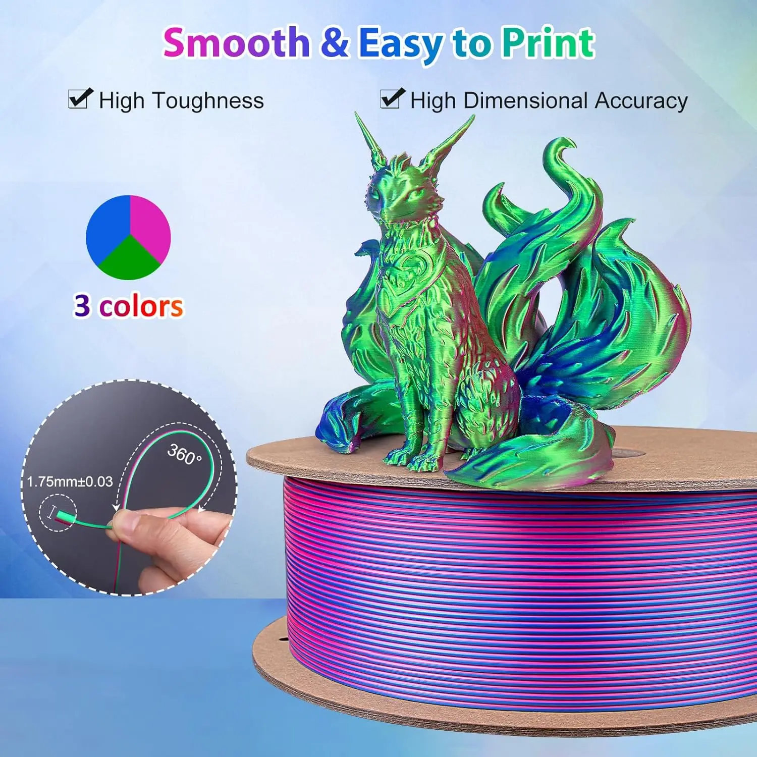 Tri-Color Silk PLA 3D Printer Filament 250g 1.75mm, 3color-in-1 Silk PLA Filament, Fit FDM Printers 3D Printing Filament