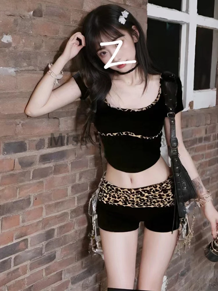 Summer Sexy Slim Y2k 2 Piece Set Women Leopard Print Short Sleeve T-shirt Shorts Lace-up Female Korean Fashion Streetwear Suit