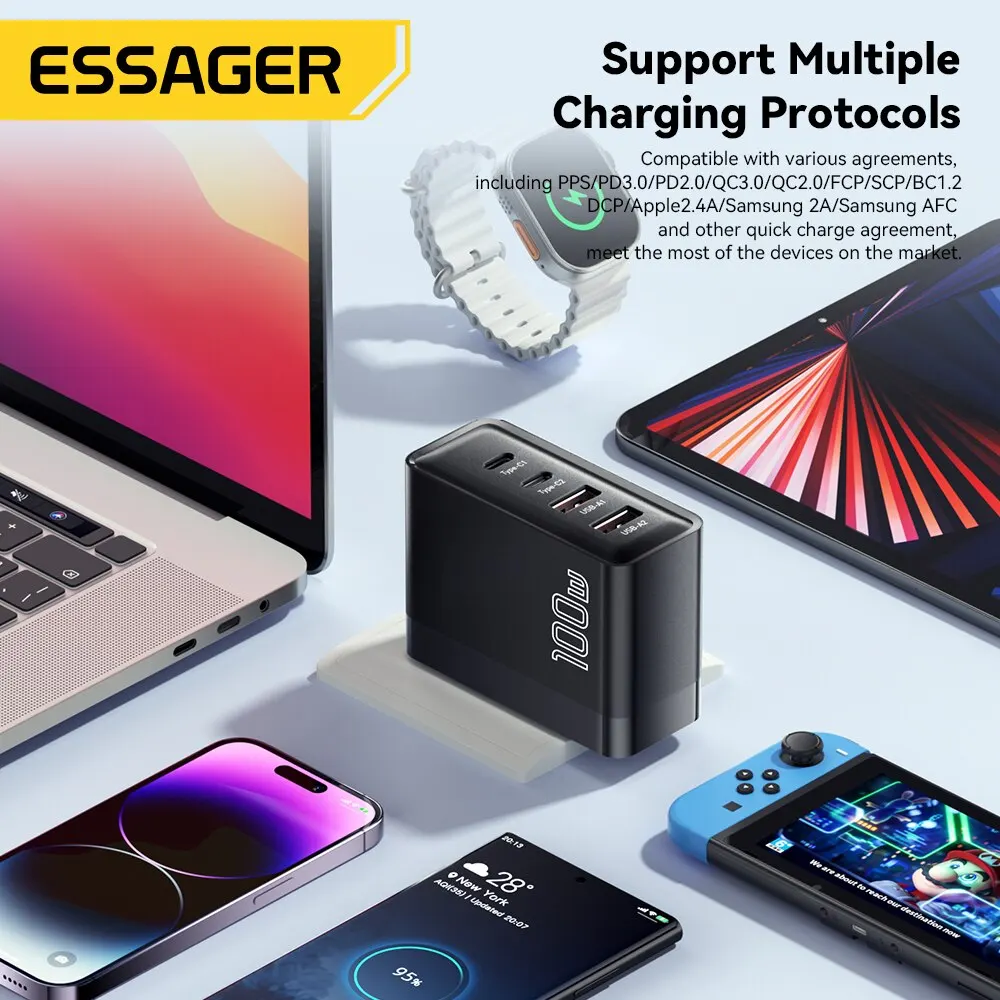 Essager GaN USB C타입 캐리카배터리, PD QC 급속 충전 4.0, 3.0 C타입 리카리카 라피다, 아이폰 14, 13, 12, 샤오미 맥북, 100W