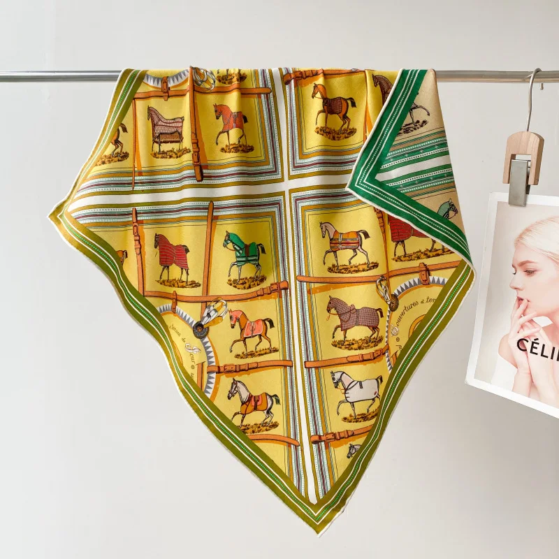 

2026 Luxury Brand Square Scarf Women Design Horse Luxury Silk Scarf Bandana Headband Fashion Hijab Neckerchief For Ladies 65cm