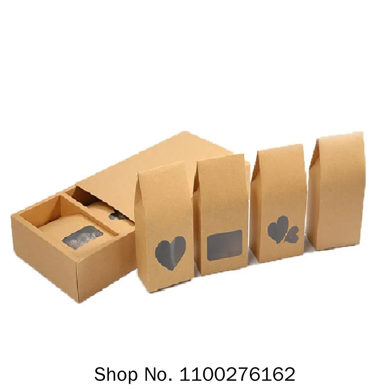 500pcs/lot 16*8cm Cookies Nuts Gift Packaging Bags Stand Up Kraft Paper Boxes With Heart Shape Clear Window Pocket