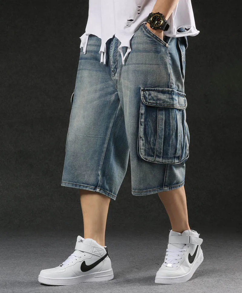 Mcikkny Men Vintage Cargo Casual Denim Shorts Straight Loose Multi Pockets Short Jeans Streetwear Hip Hop Plus Size 30-46