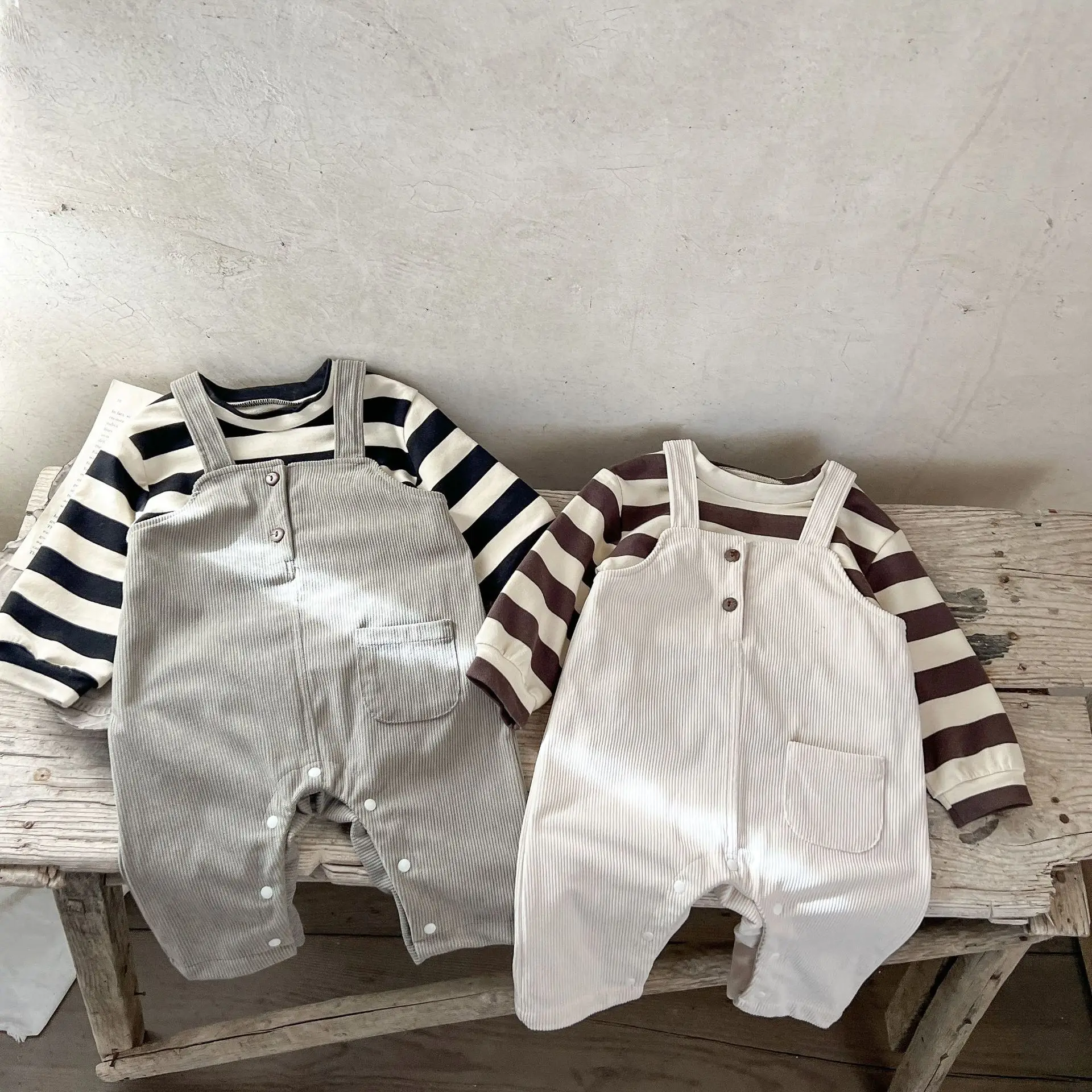 Autumn  Newborn Infant Baby Boys And Girls Corduroy Romper + Stripe T-shirt  Suit   Onepiece Kids Fashion Baby Clothing