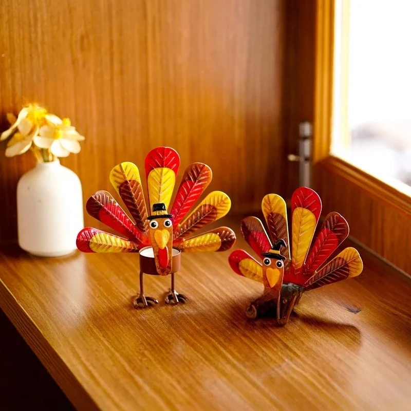 Colored Turkey Metal Tea Light Candle Holder, Thanksgiving Tabletop Candlestick, Home Desktop Ornament Decor