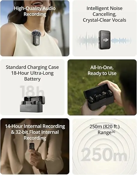 Mic 2 (2TX +1RX+Charging Case), Wireless Lavalier Microphone, Intelligent Noise Cancelling, 32-bit Float Internal Recording