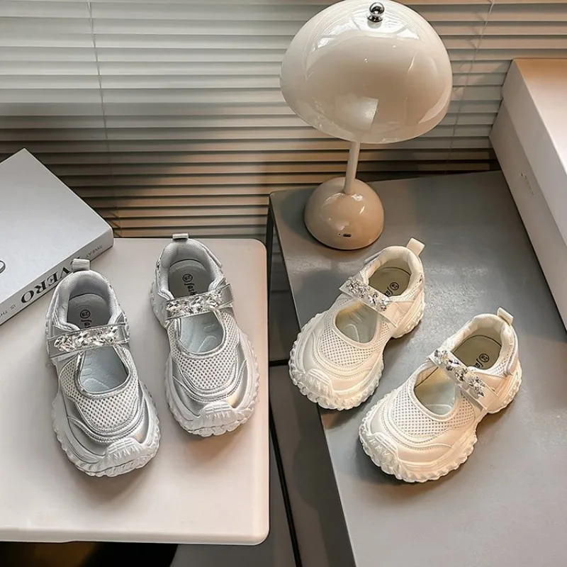 Summer2026 Girls' Princess Style Children's Sports Shoes - Glittering Crystal Design Breathable Mesh Material Fashionable Trendy