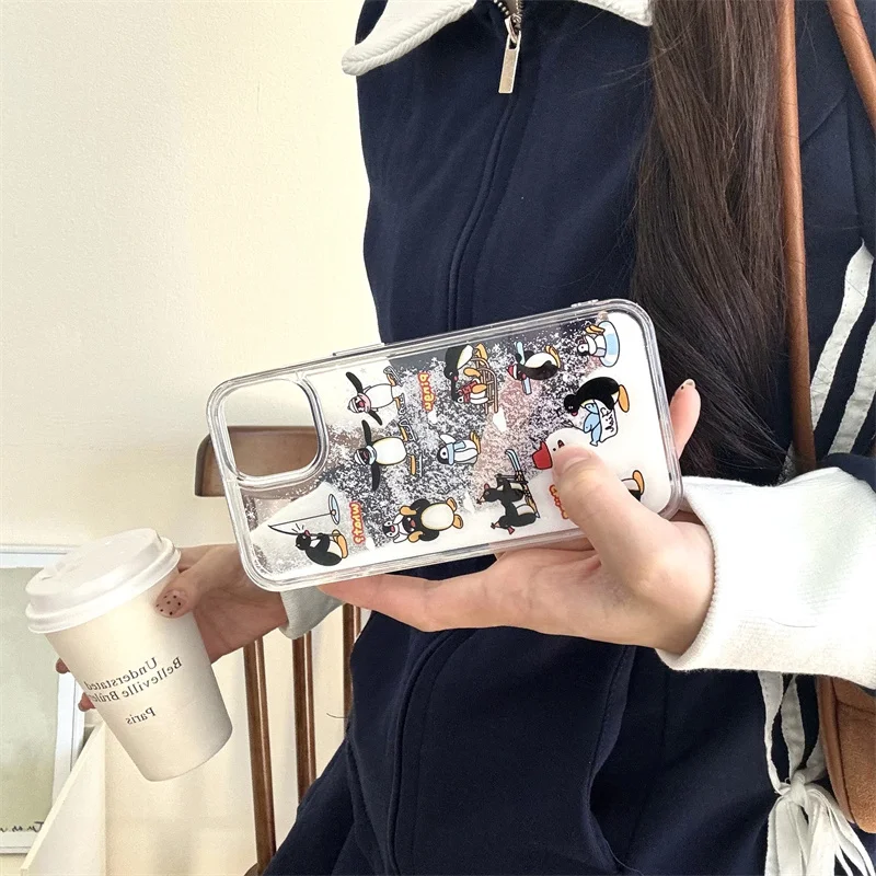 Coque de téléphone de luxe avec illustration de dessin animé, coque de téléphone à paillettes, bonhomme de neige, sable mouvant liquide, mignon, PenEcolHat, iPhone 13 14 15 16 Pro Max