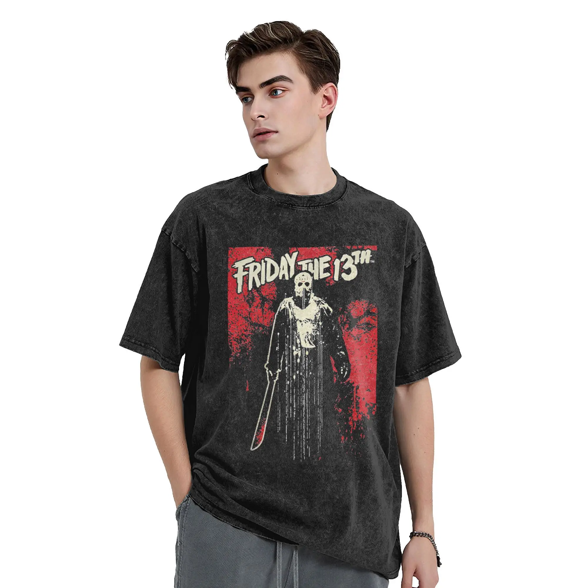 Friday 13th Horror Jason Voorhees Vintage Washed T-Shirt for Men Women Casual 100% Cotton Tees Round Neck Printing Tops