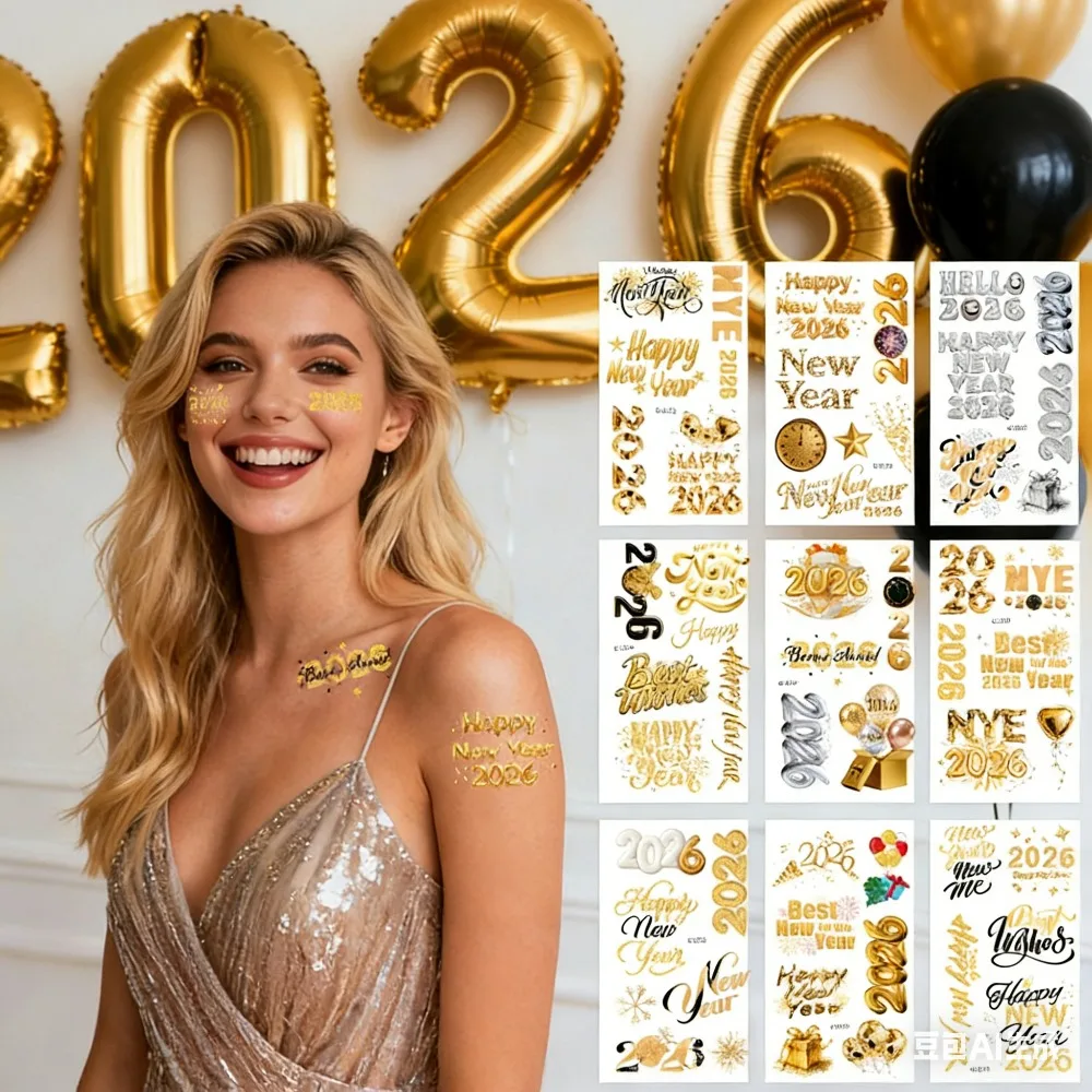 

2026 New Year Temporary Tattoos 10Pcs Gold Silver Diamond Balloon Design Body Face Stickers for NYE Party Photo Booth Decoration