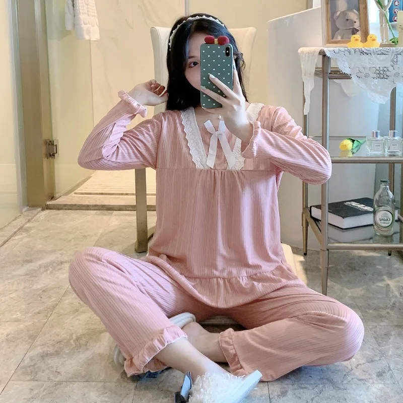 Camisón mujer estilo palaciego pantalones largos de manga larga pijamas de talla grande conjunto de dos piezas romántico mujer Color sólido ropa de dormir a rayas