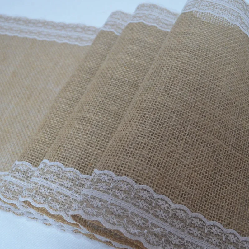 Jute Lace Burlap Table Runner Vintage Hessian Rustic Country Wedding Party Decor Christmas Dining Room Resturant Table Runners