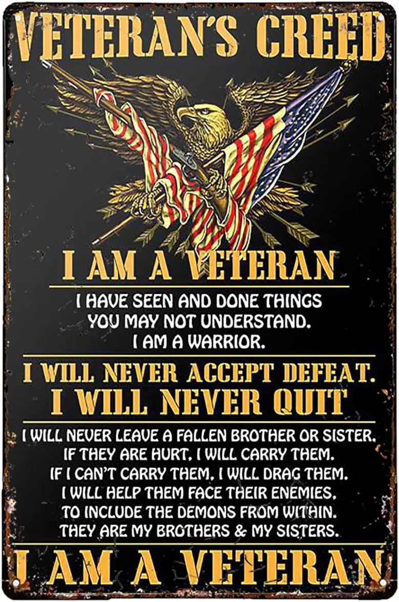 Veterans Day Decor Veteran's Creed Tin Sign for Backyard Garage Man Cave Shed Office Craft Room Living Room Coffee & Bar