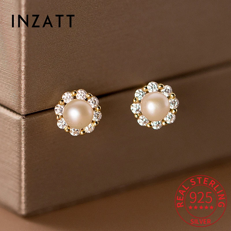 INZATT Real 925 Sterling Silver 5MM Pearl Zircon Flower Stud Earrings for Women Cute Fine Jewelry Geometric Accessories