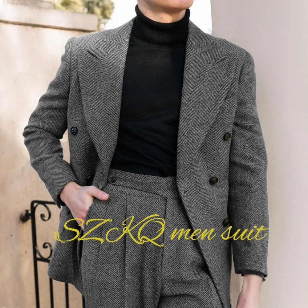 Modieuze Herenpak Visgraatjack En Broek 2-delige Set Double Breasted Blazer Voor Mannen Op Maat Gemaakt Bruidegom Smoking