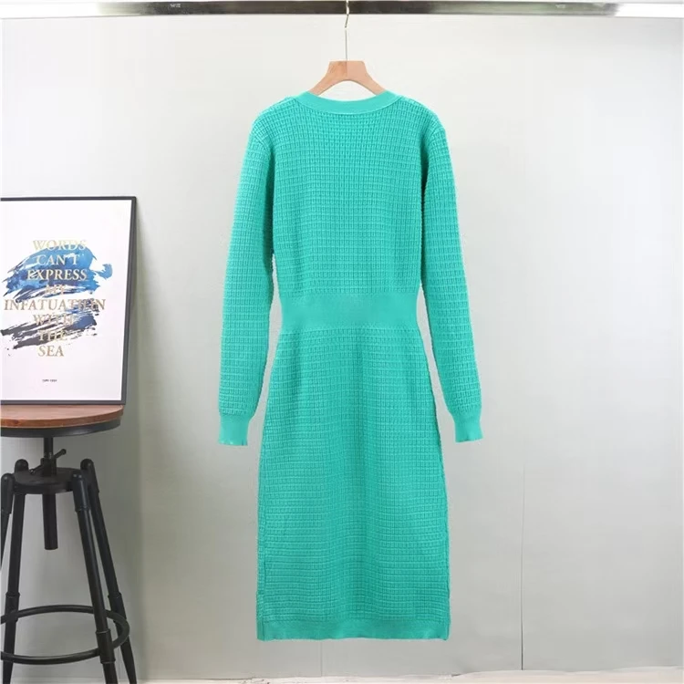 Elegant V Neck Long Sleeved Fashion Sweater Dress Women Autumn New Sweet Bowknot Small Fragrant Wind Beaded Knitted Dresses