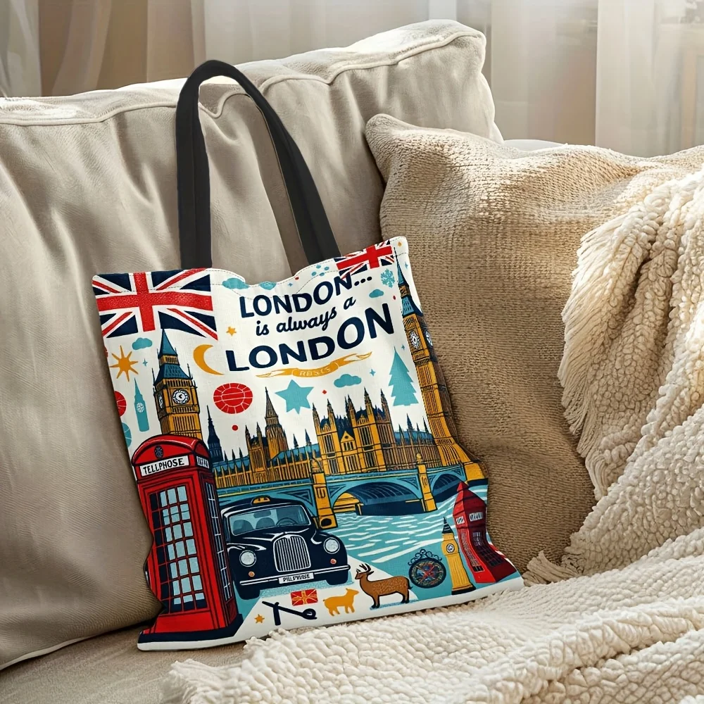 Reusable Grocery Tote Bag Women London-Themed Design Big Ben Red Phone Booths Union Jack Polyester Large Capacity Shopping Bag
