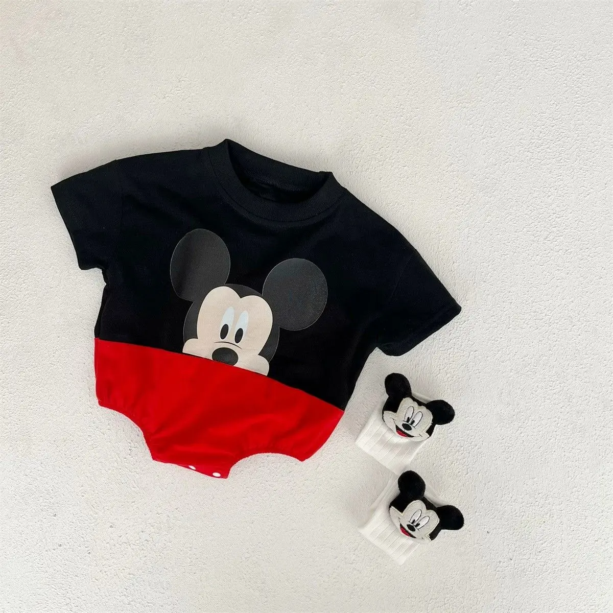 Summer Rompers For Newborn Baby Sock Hat 2pcs Set Cartoon Mickey Mouse Boys Girls Jumpsuit Infant Costume Short Sleeve Bodysuits