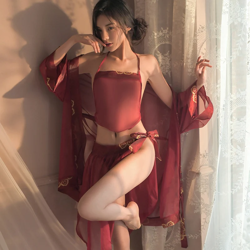 Sexy Cosplay Costumes Chinese Fairy Dress Women Erotic Lingerie set Red Traditional Hanfu Skirt Backless Top Belt Robe Clothing