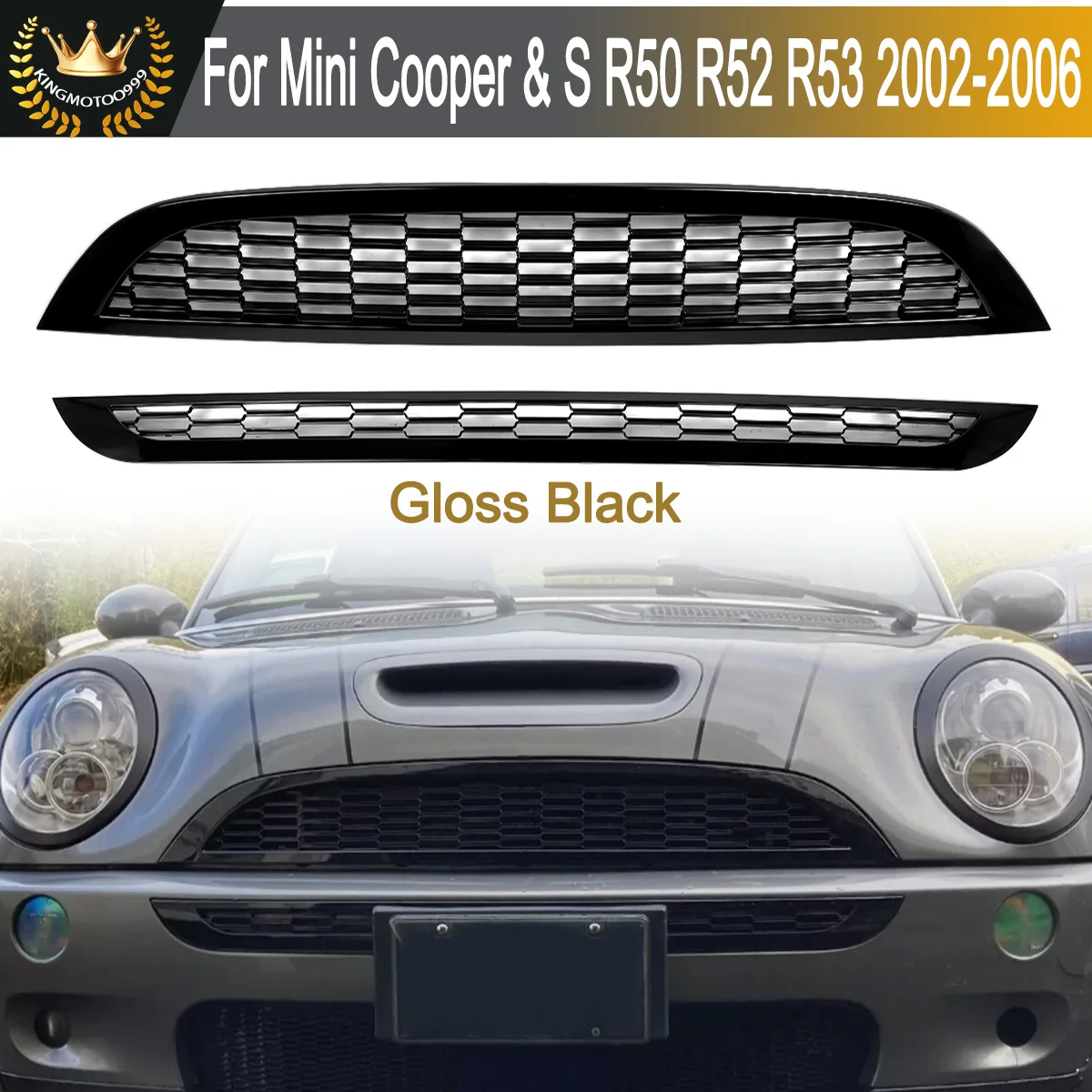 

Compatible with BMW MINI Cooper S R50 R52 R53 2002-2006 Front Bumper Upper & Lower Grille Glossy Black Honeycomb Mesh Grills