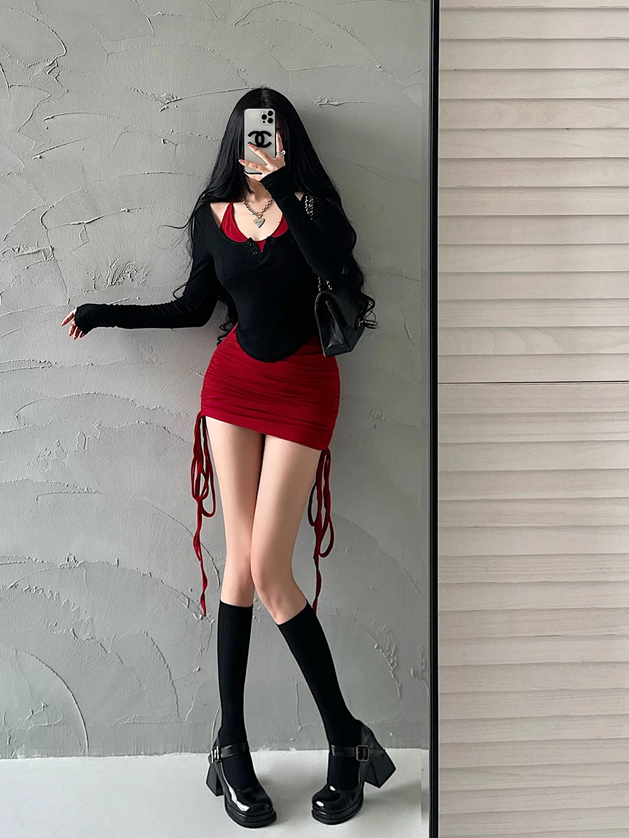 

YoungGirlDay Sexy Long Sleeve T-Shirt Drawstring Pleated with Chest Pad Halter Wrap Body Dress Set Women's Fashion Ensemble