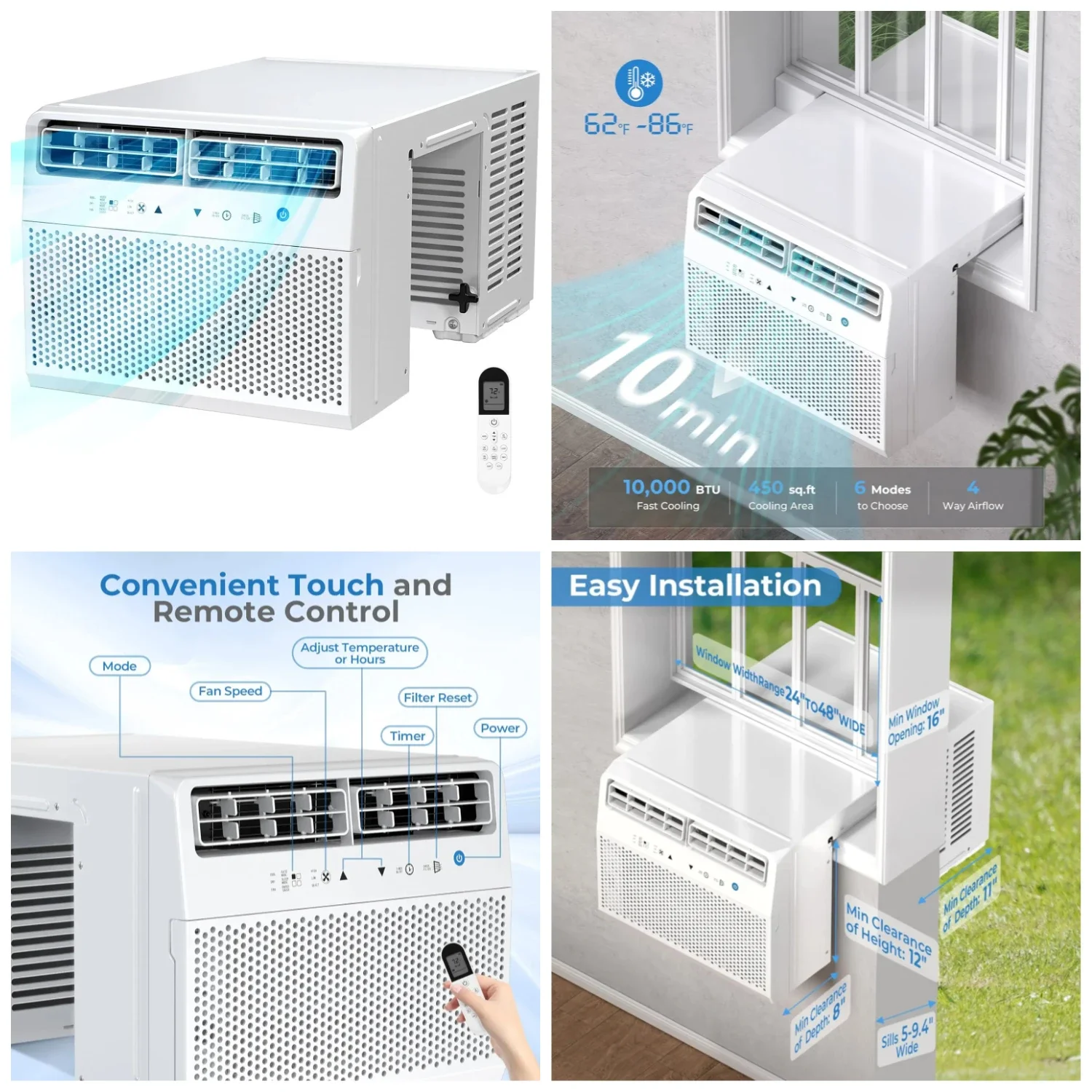 

Premium U-Shaped Air Conditioner Window Unit 10000BTU Ultra Quiet Window Air Conditioner Cools up to 450 Sq.Energy SavingEasy to