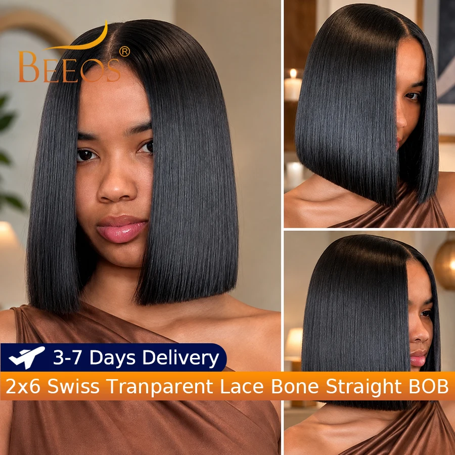 100% Human Hair Short Bob Glueless 2x6 Swiss Tranparent Lace Closure Wig Bone Straight Super Double Drawn Ready To Go Deep Part