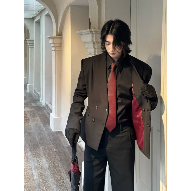 

High Quality Men Red Inner Waist Blazer Double-breasted Shoulder Padded Dress Suit