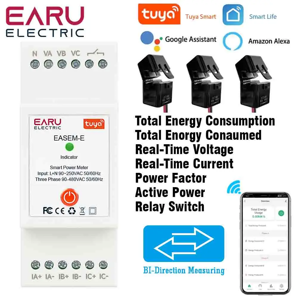 TUYA WiFi Smart Three Phase AC90-480V Bi-Directional Measurement Power Energy kWh Meter Monitor with 3PCS CT Clamps Switch Relay