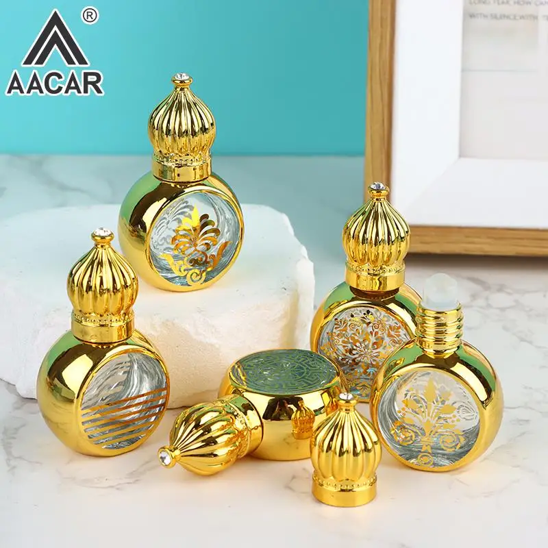 1pc 10ml Gold Arabic Crystal Essential Oil Roller Bottles Attar Oud Glass Perfume Bottle With Glass Roll On Essential Oil Bottle