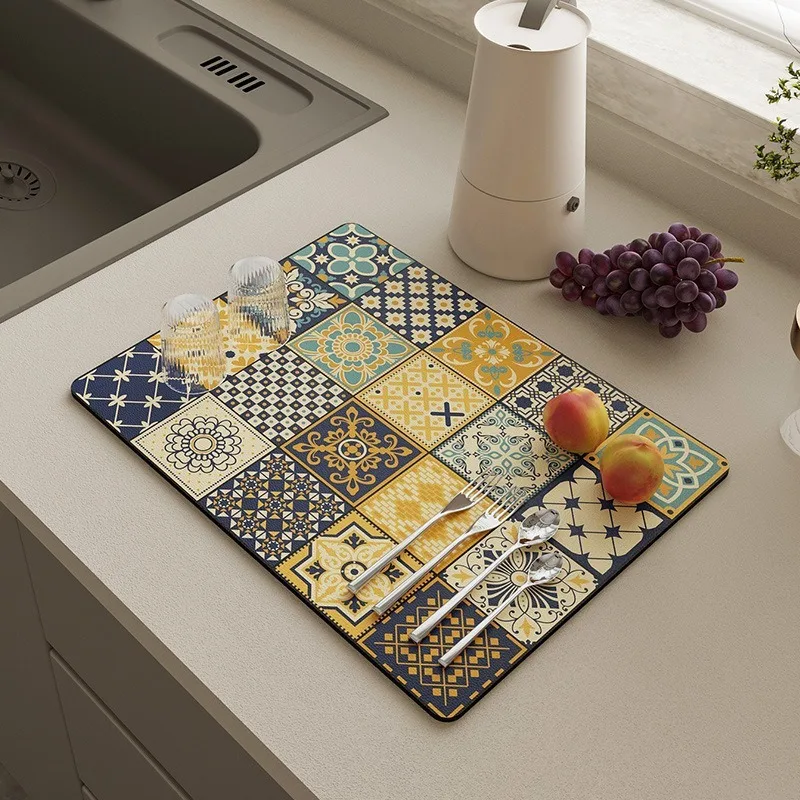 Floral‑tile Diatomite Draining Quick‑dry Water‑absorb Counter‑pad for Kitchen Anti‑slip Heat‑insulated Trivet Prevent Desktop