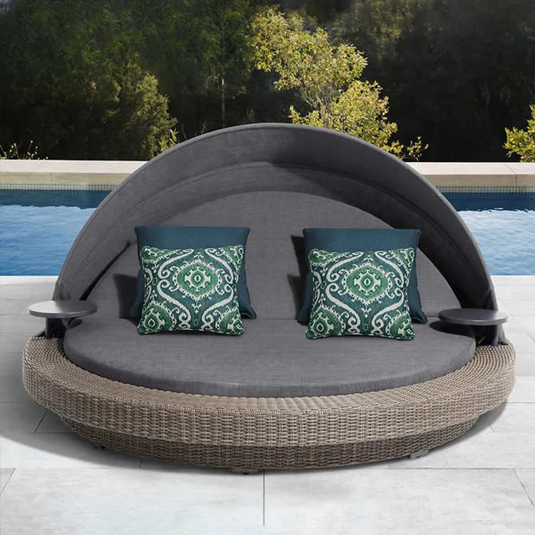 Beach Side PE Rattan Wicker Outdoor Waterproof Bali Daybed With Canopy