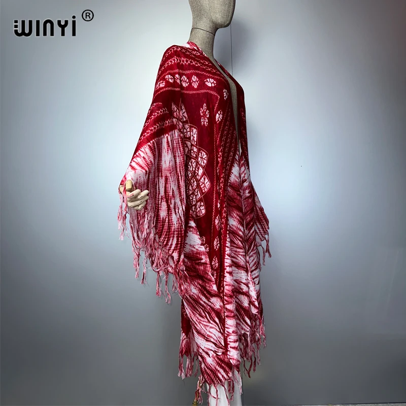 WINYI الصيف مهدب التعادل صبغ مطبوعة المرأة سترة فستان طويل أنيق بوهو فضفاض الشاطئ التستر كيمونو عباية دبي الفاخرة