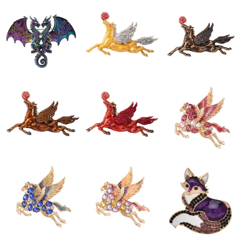 Mythical creature enamel brooch, Pegasus and dragon shaped brooch, inlaid with rhinestones, perfect for fantasy enthusiasts