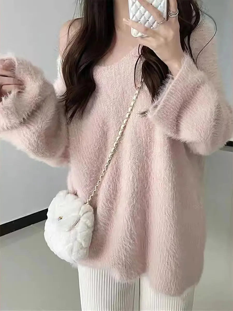 Pullovers Women Pink V-neck Autumn Winter Long Sweater Loose Knitting Daily Aesthetic Solid Simple 90\'s Casual Clothing Tender