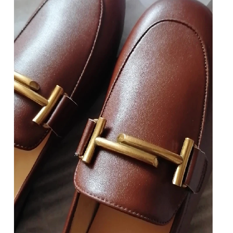 Solid Color Leather Loafers Metal Buckle Women Shoes Summer Round Head Slip-on Flats Soft Sole Casual Cover Heel Zapatos Mujer