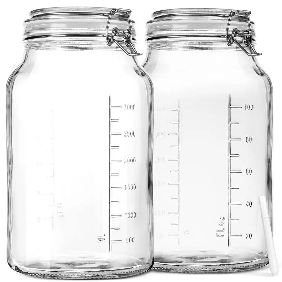 

1 Gallon Super Wide Mouth Glass Storage Jars with Airtight Lids and 2 Measurement Marks, Leak Proof Glass Container with Hinged