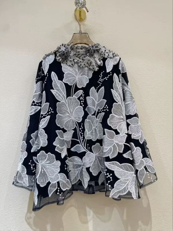 Luxury 100% Mulberry Silk Blouse Women Ivory White Heavy Lace Bow Collar Shirt Long Sleeve Elegant Office Top - view 6