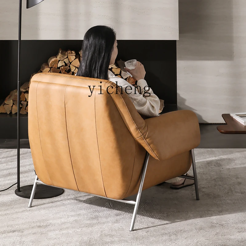 

Nordic expression medieval retro full leather stainless steel single sofa leisure chair