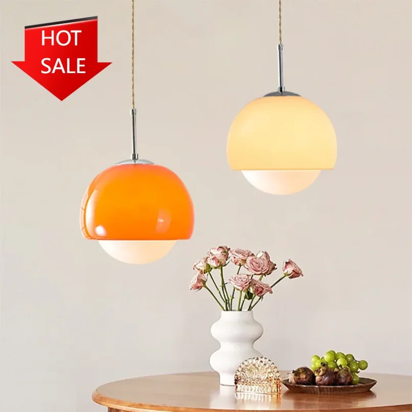 Nordic Glass Pendant Lights for Restaurant Cafe Bar Bedroom Hotel Hanging Lamp Ceiling Chandeliers Orange Round Ball Decoration