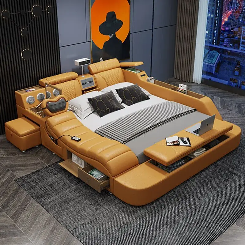 

Leather Projector Double Bed Wood Bluetooth Massage Luxury Bed Bedroom Storage Electric Literas Multifuncional Furniture Home